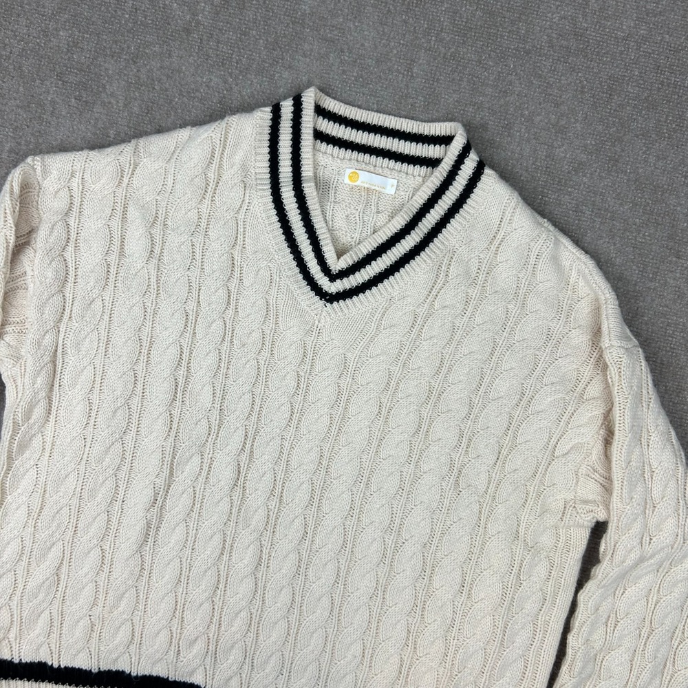 Caco Sweater‎ Women’s Beige Blue Striped Cable Knit Relaxed Ribbed Trim V Neck